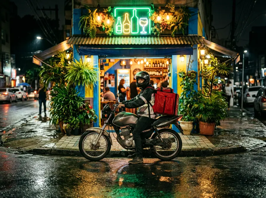 Entregador de moto em frente à adega à noite