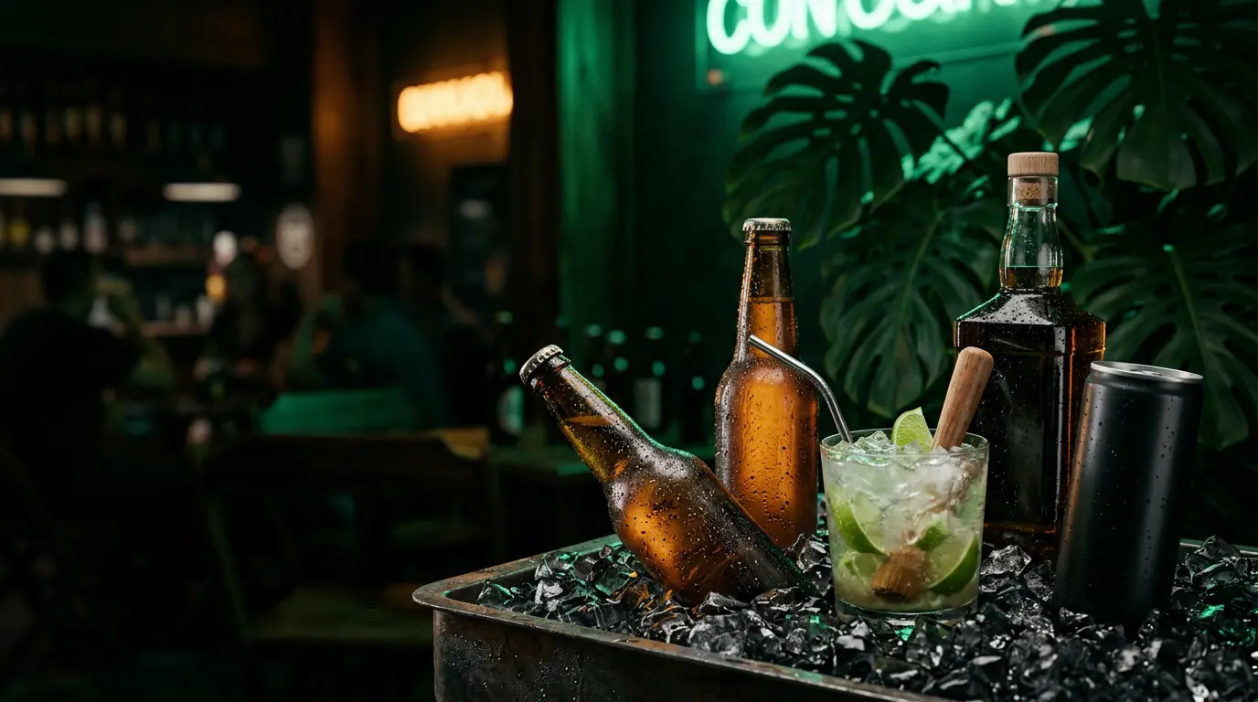 Cervejas geladas, caipirinha, whisky e energético no gelo